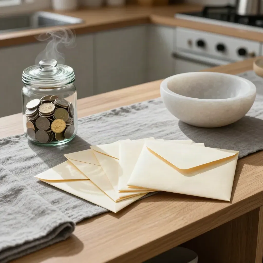Overhead sideboard with coin jar, sealed savings envelopes, white stone bowl and kettle steam
