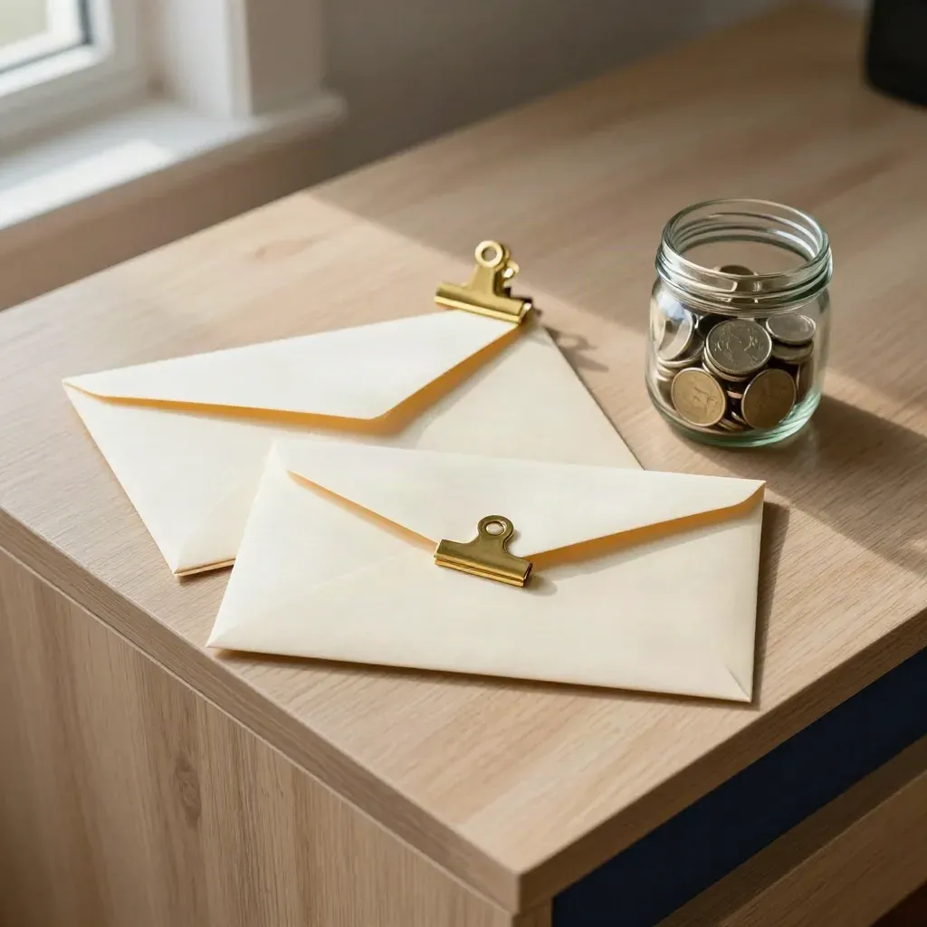 Overhead savings envelopes, brass clip and glass coin jar on pale oak in soft daylight.
