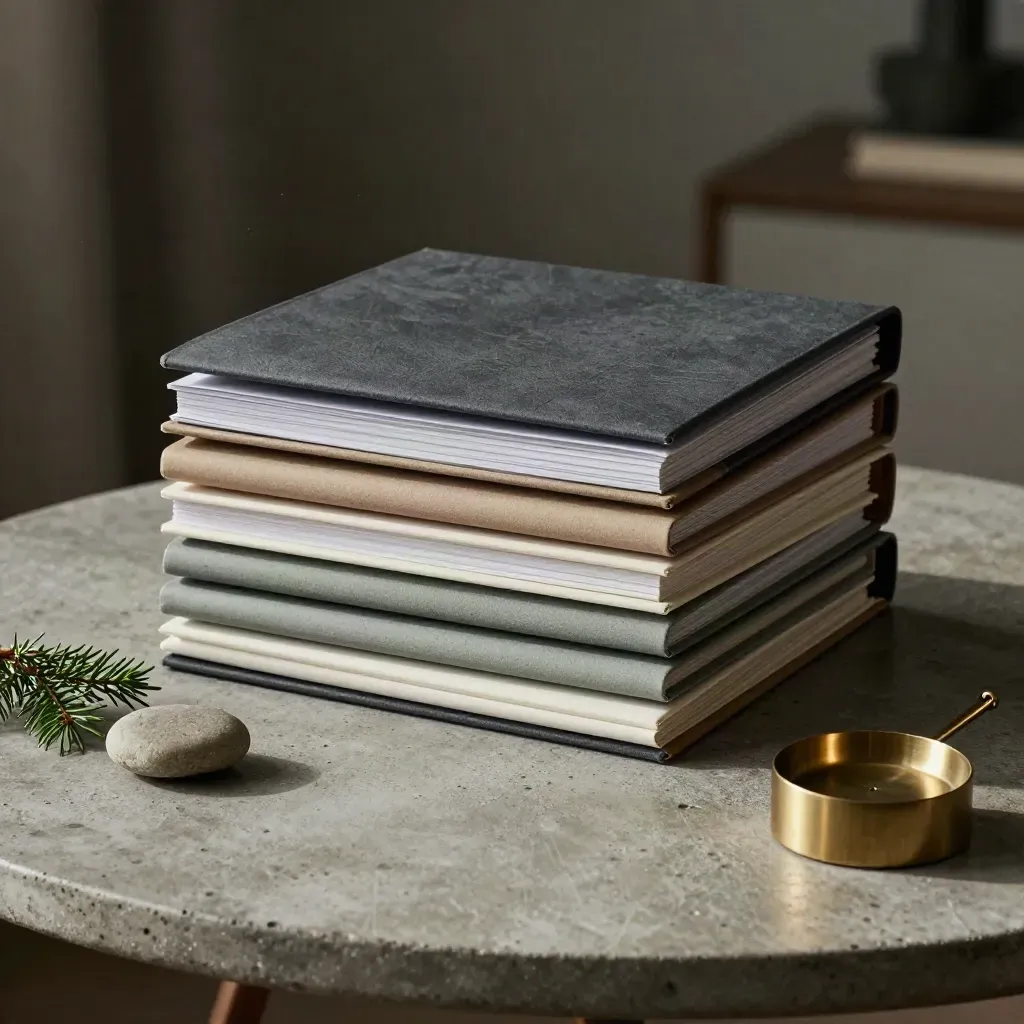 Four closed portfolio folders with stone, evergreen sprig and brass weight on concrete in moody light