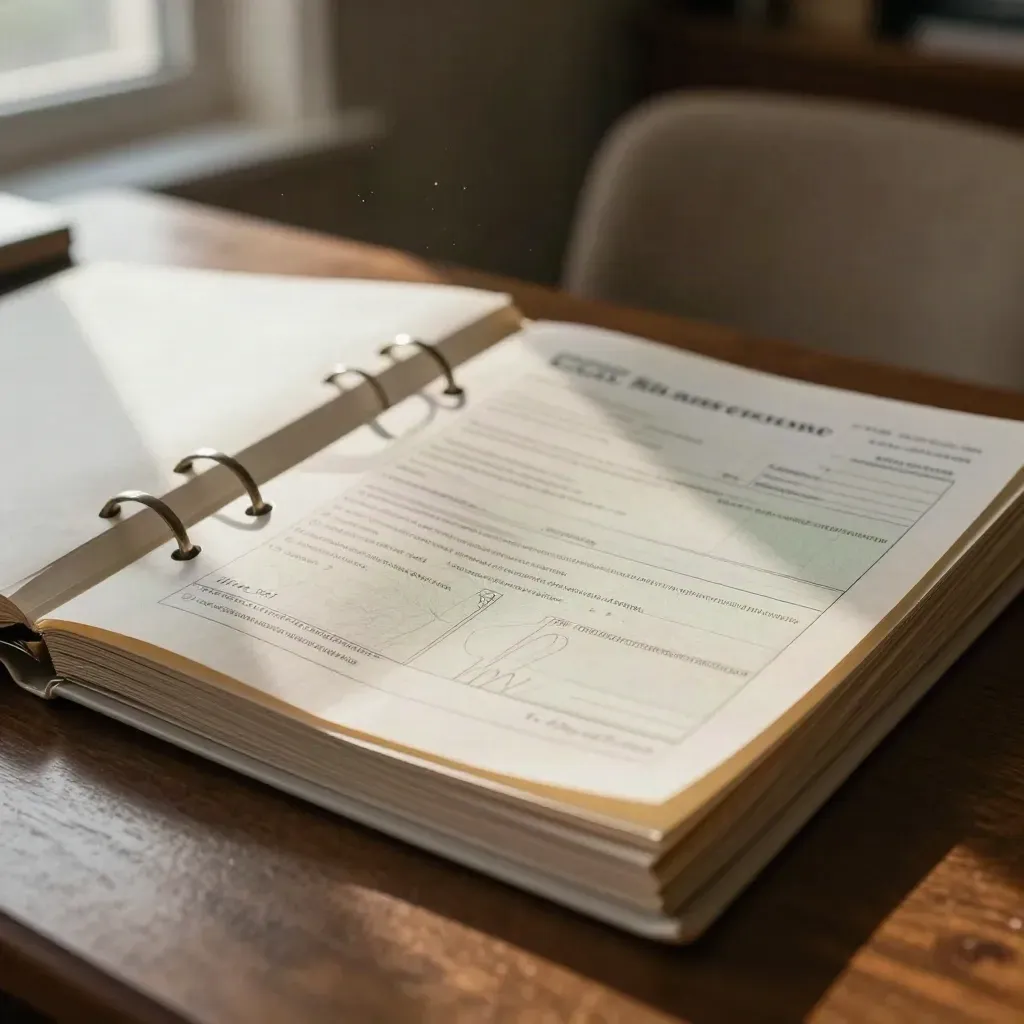 Cream binder, bundled pension papers, and a curled desk blotter in warm window light.