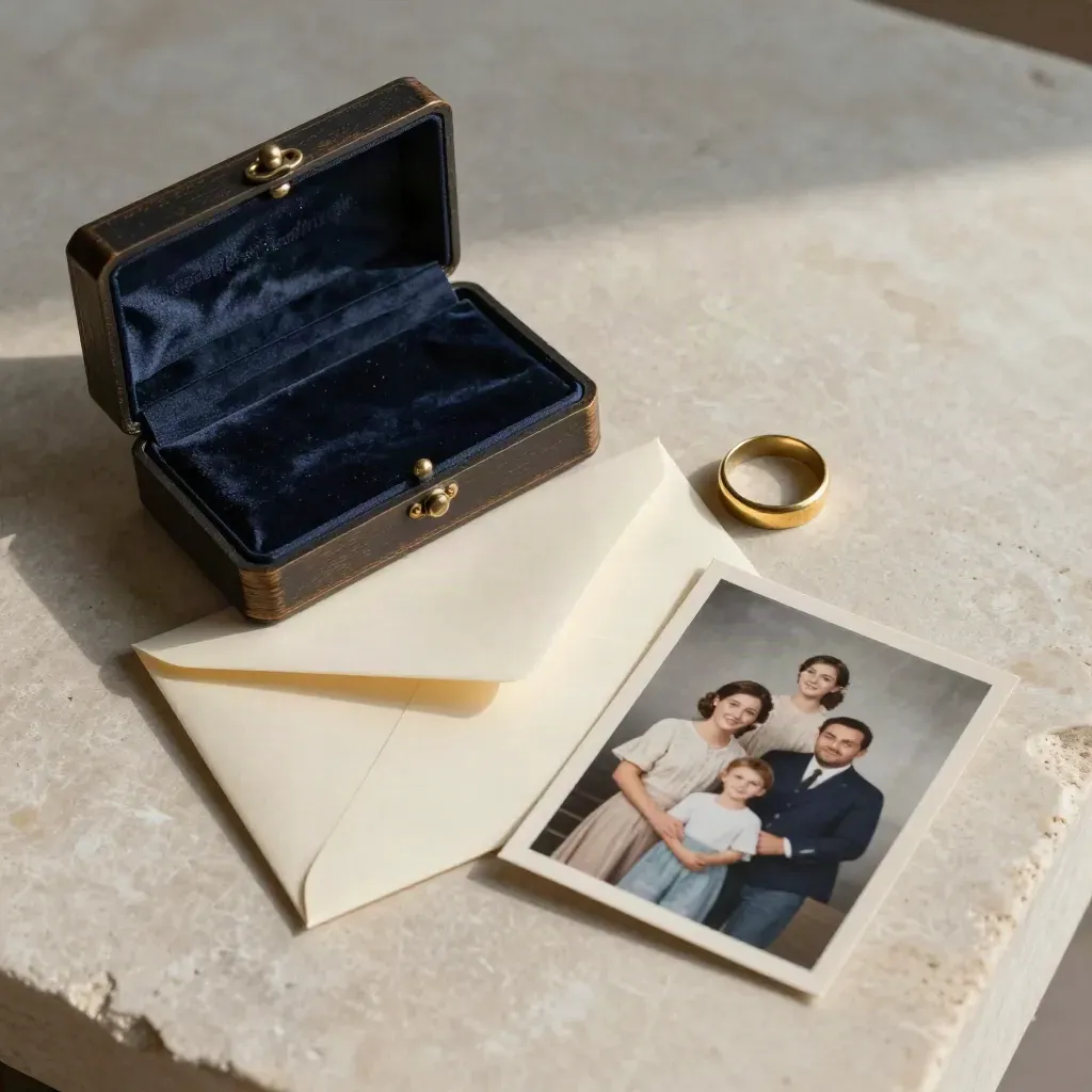 Top-down estate-planning still life with keepsake box, envelope, ring and face-down photo.