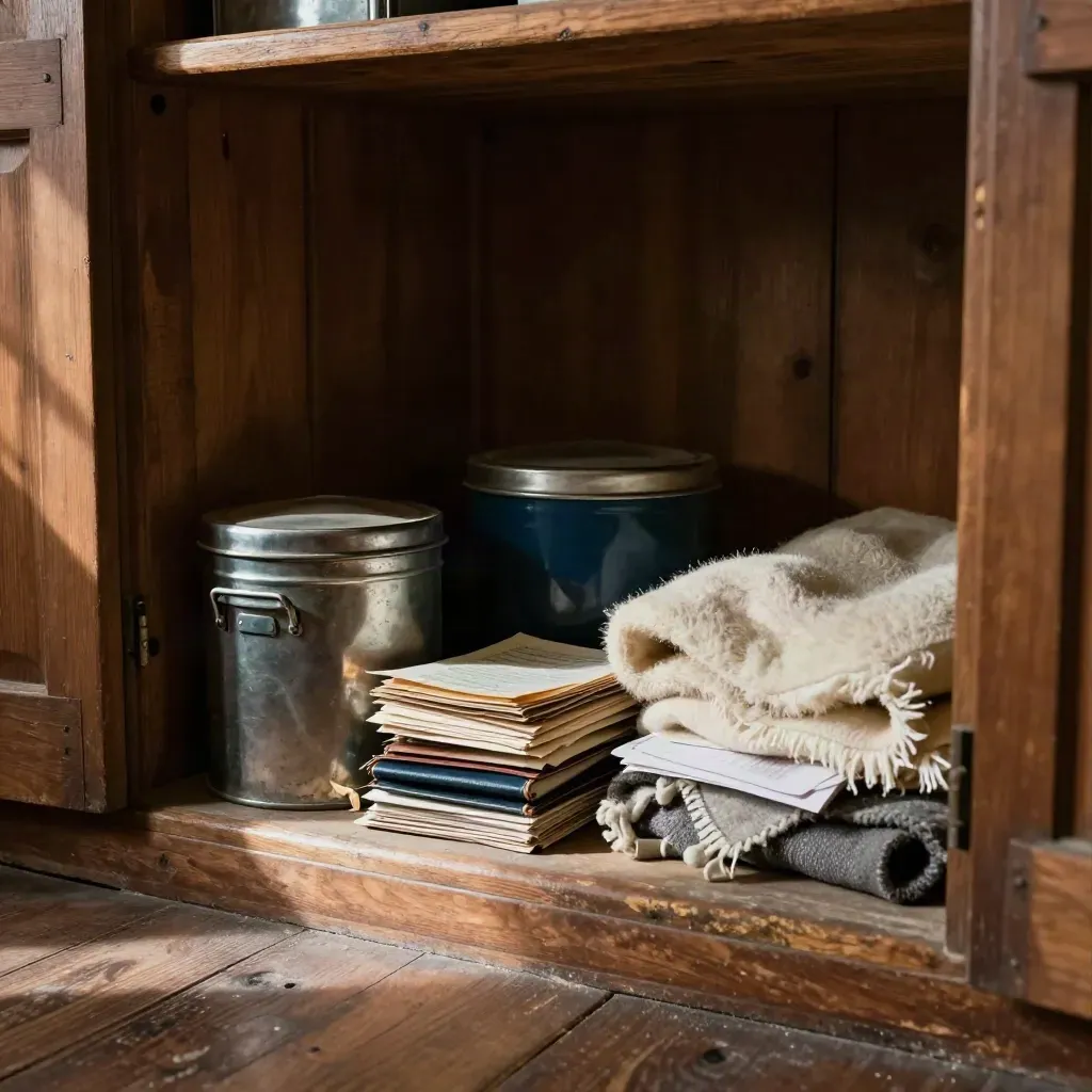 Dusty pension tins and old paperwork in a loft cupboard, lit by late sun