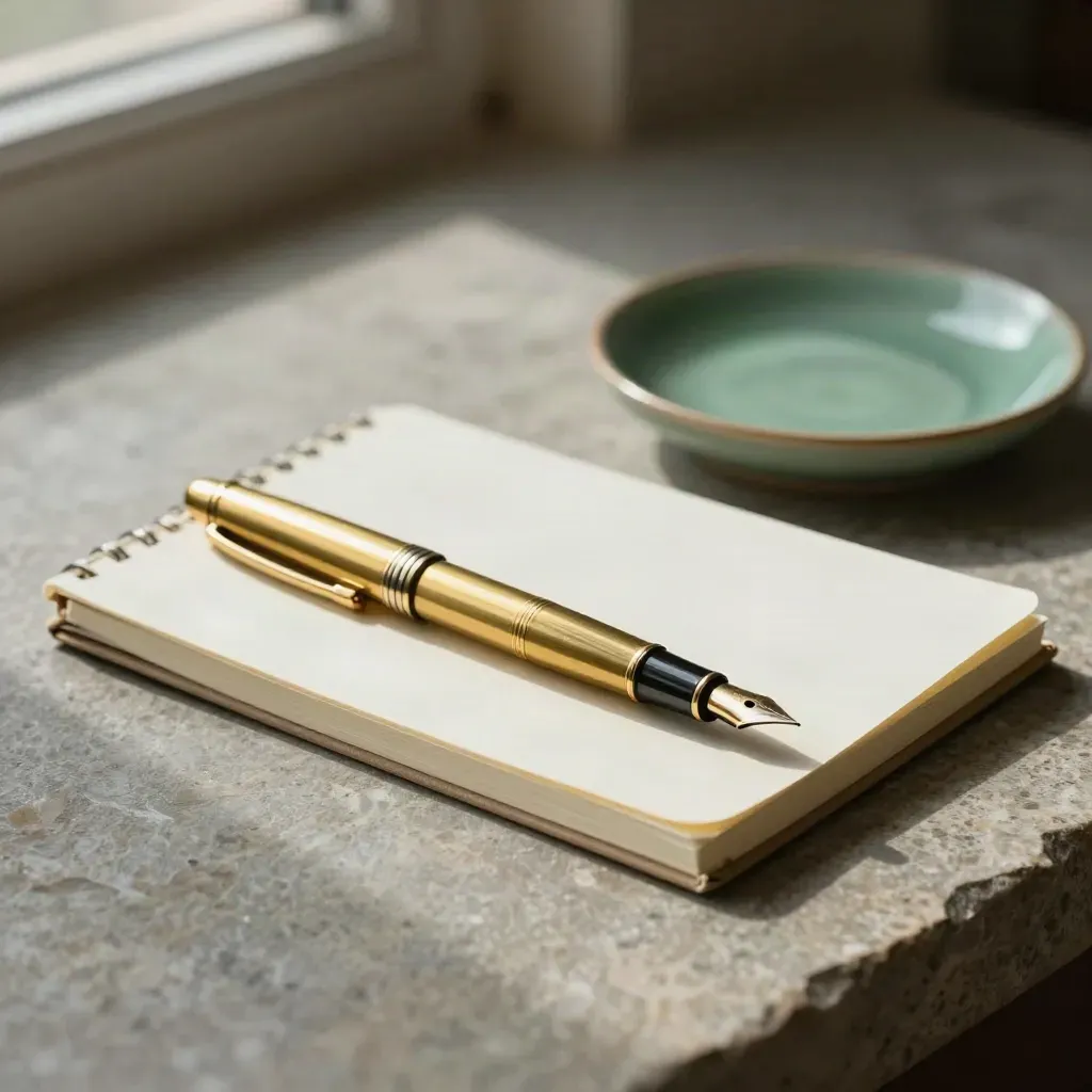 Brass fountain pen beside a closed notebook and emerald ceramic dish on brushed stone.