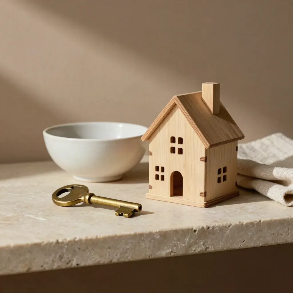 House key, wooden toy house and linen-lined bowl on stone shelf in soft daylight.